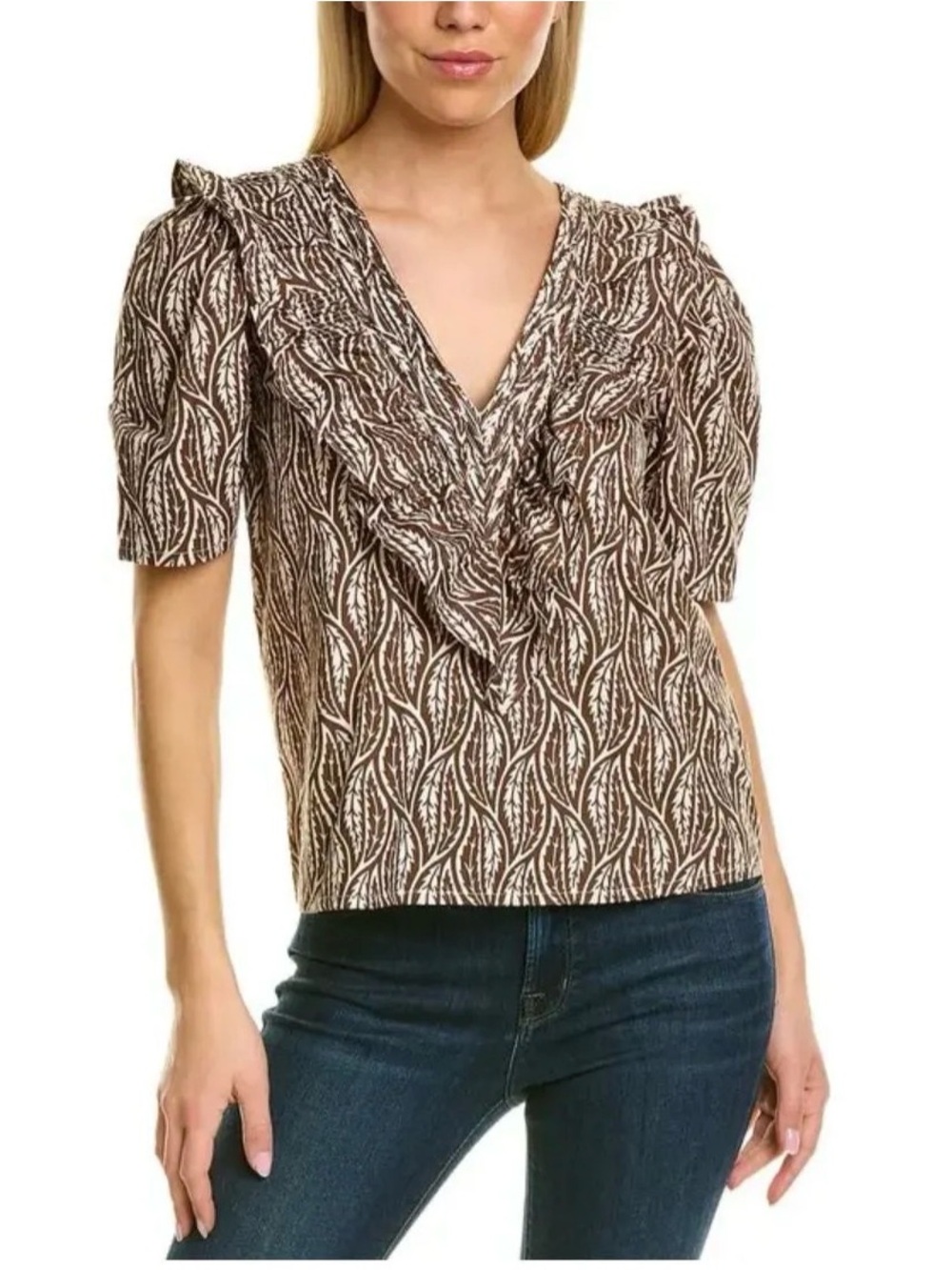 St. Roche Brown Ruffle V-Neck Short Sleeve Top